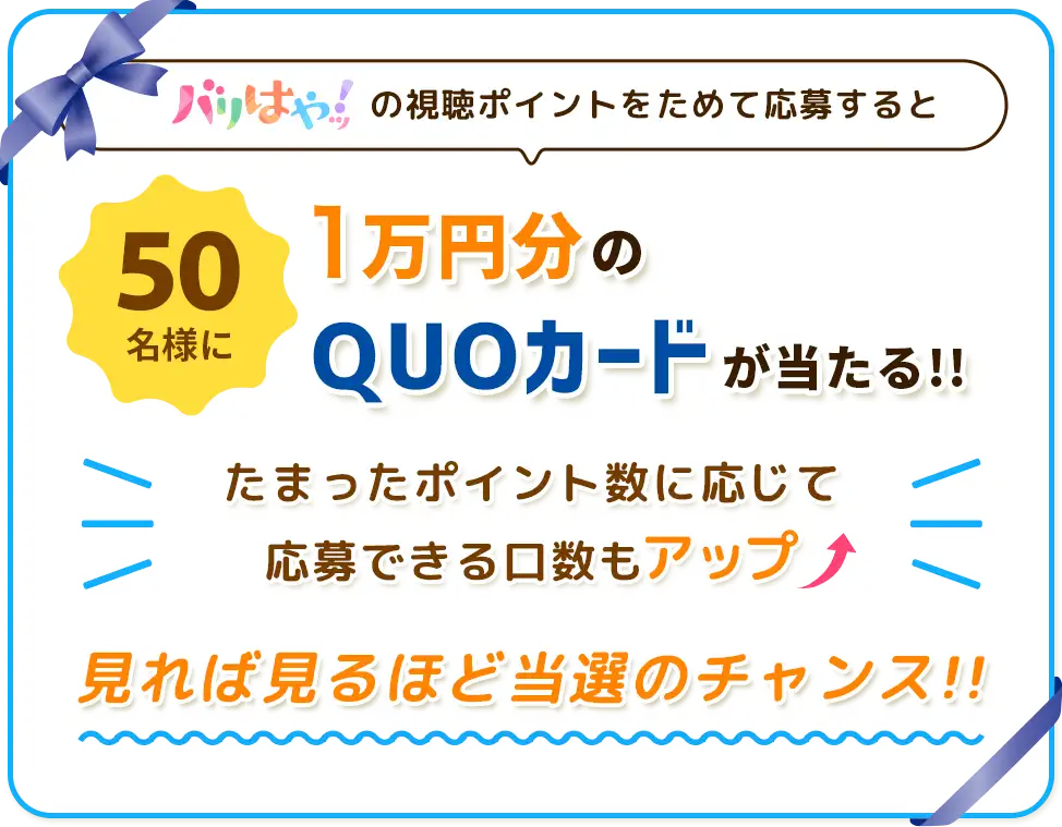 「バリはやッ！」の視聴ポイントをためて応募すると
        50名に1万円分のQUOカードが当たる!!たまったポイント数に応じて、応募できる口数もアップ！見れば見るほど当選のチャンス!!
